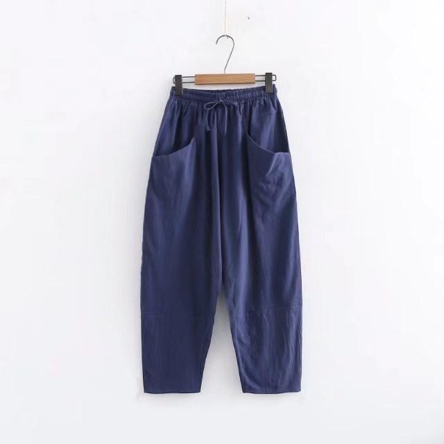 現貨藏青格 392708-LF3267森女民族風寬鬆大尺碼休閒日系棉麻繫帶抽繩彈性腰圍高腰九分褲袴褲飛鼠褲老爺褲子家居服-細節圖8
