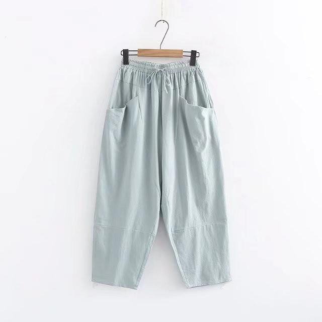 現貨藏青格 392708-LF3267森女民族風寬鬆大尺碼休閒日系棉麻繫帶抽繩彈性腰圍高腰九分褲袴褲飛鼠褲老爺褲子家居服-細節圖9