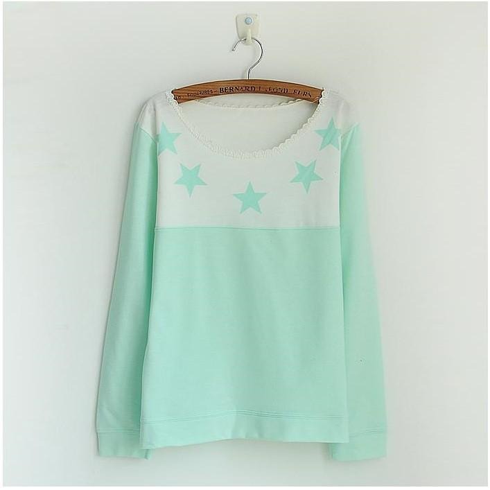 現貨粉色1件_78934日韓原單秋裝粉嫩素雅清新撞色拼接星星印花蕾絲花邊大圓領長袖棉質T恤上衣-細節圖6