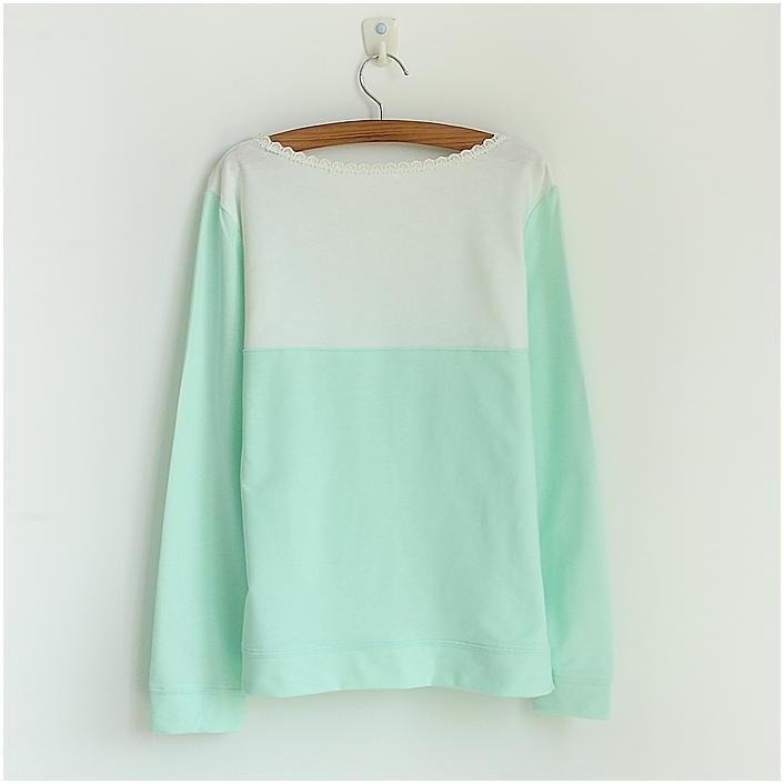 現貨粉色1件_78934日韓原單秋裝粉嫩素雅清新撞色拼接星星印花蕾絲花邊大圓領長袖棉質T恤上衣-細節圖7