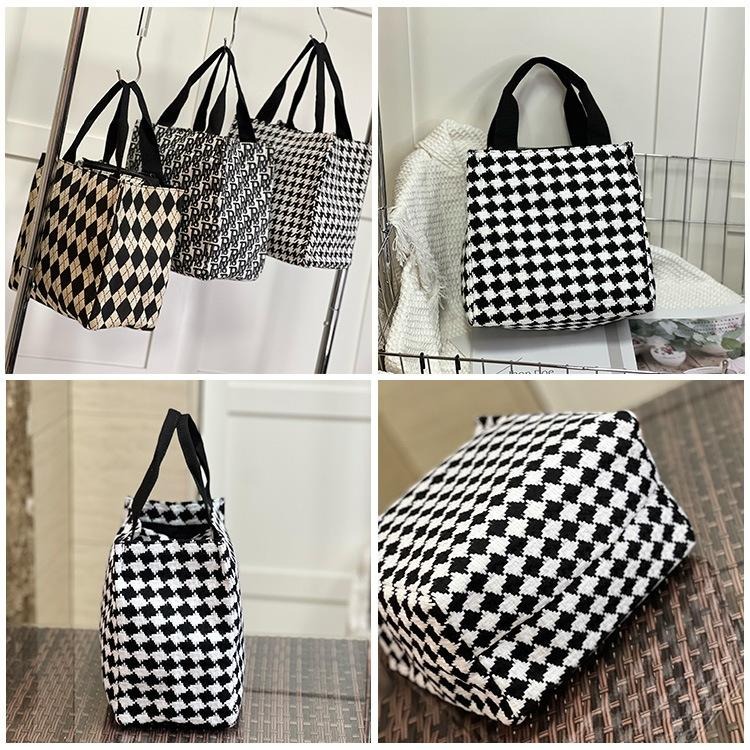 No.280 個性千鳥格紋小兔子加厚黑白撞色手提包購物提袋小方包OL餐袋249149-細節圖4