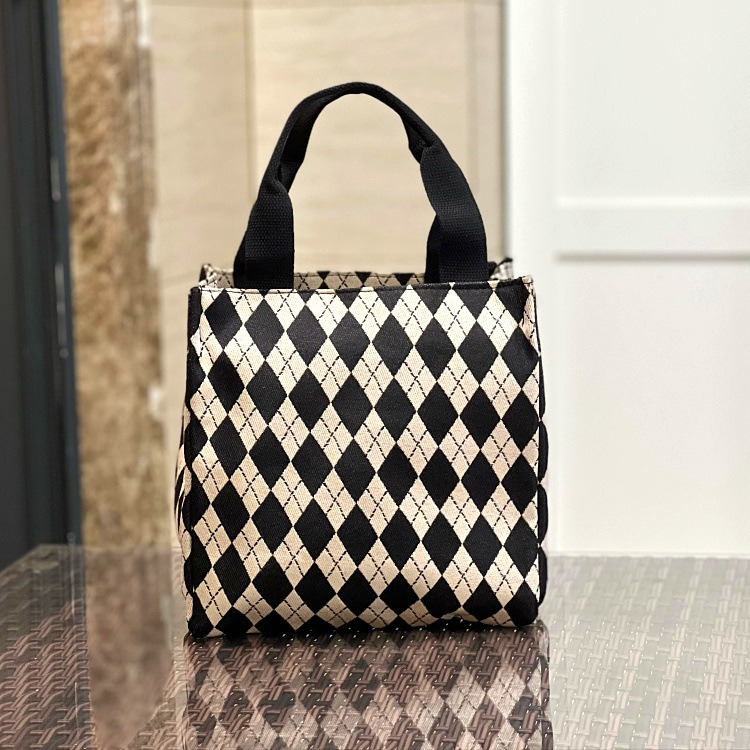 No.280 個性千鳥格紋小兔子加厚黑白撞色手提包購物提袋小方包OL餐袋249149-規格圖9
