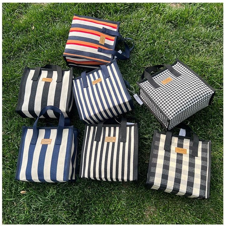 No.862 簡約大方日系內防水帆布手提袋小提袋拉鏈款方型小袋子餐袋便當袋條紋千鳥格格子-細節圖9