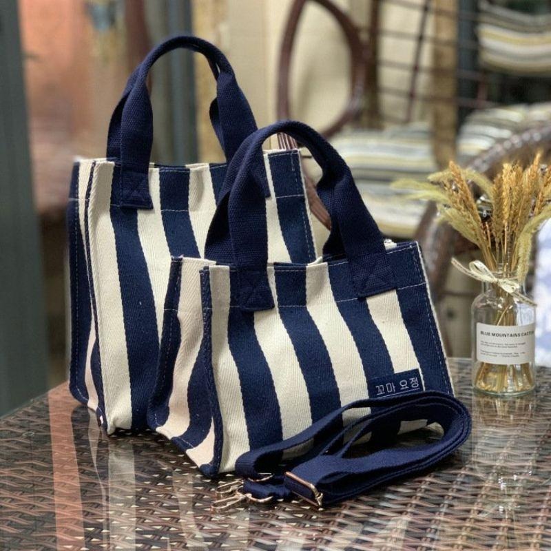 No.929/2 大號4色個性簡約粗細條紋帆布手提袋側背斜背3用內防水包環保便當袋外出購物袋直式小包包厚挺款-細節圖3