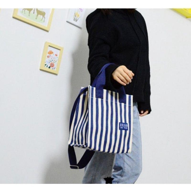 No.929/2 大號4色個性簡約粗細條紋帆布手提袋側背斜背3用內防水包環保便當袋外出購物袋直式小包包厚挺款-細節圖9