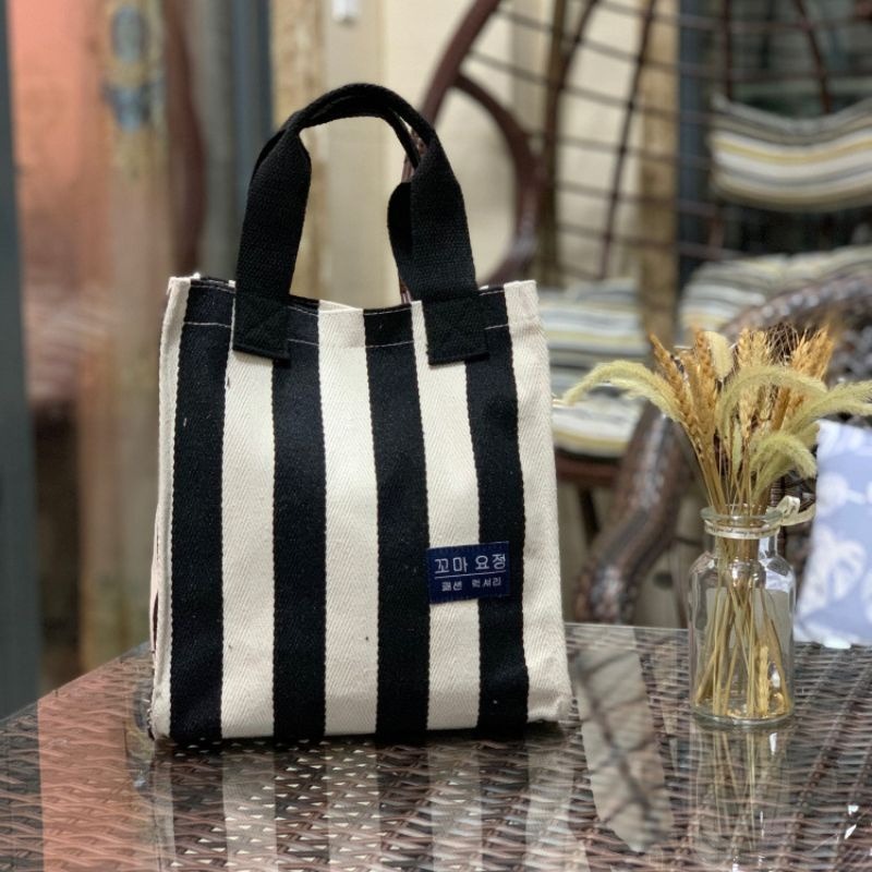 No.929/2 大號4色個性簡約粗細條紋帆布手提袋側背斜背3用內防水包環保便當袋外出購物袋直式小包包厚挺款-規格圖9