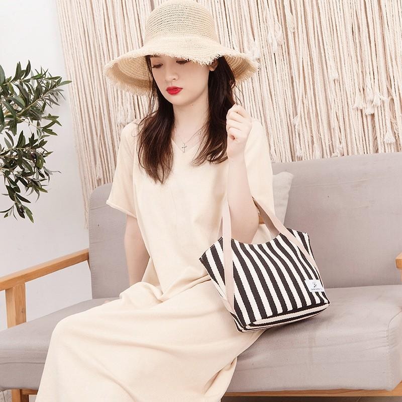 No.4890 休閒條紋帆布包手提袋外出小包包小提袋撞色日系加厚媽媽包日系OL氣質學院風-細節圖2