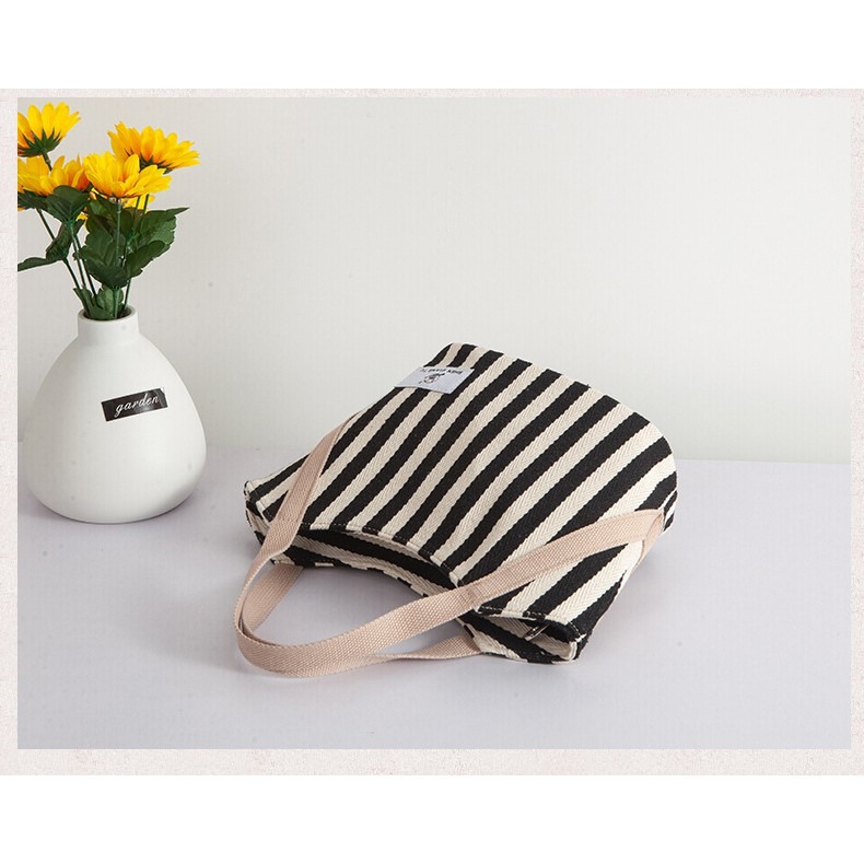 No.4890 休閒條紋帆布包手提袋外出小包包小提袋撞色日系加厚媽媽包日系OL氣質學院風-規格圖9