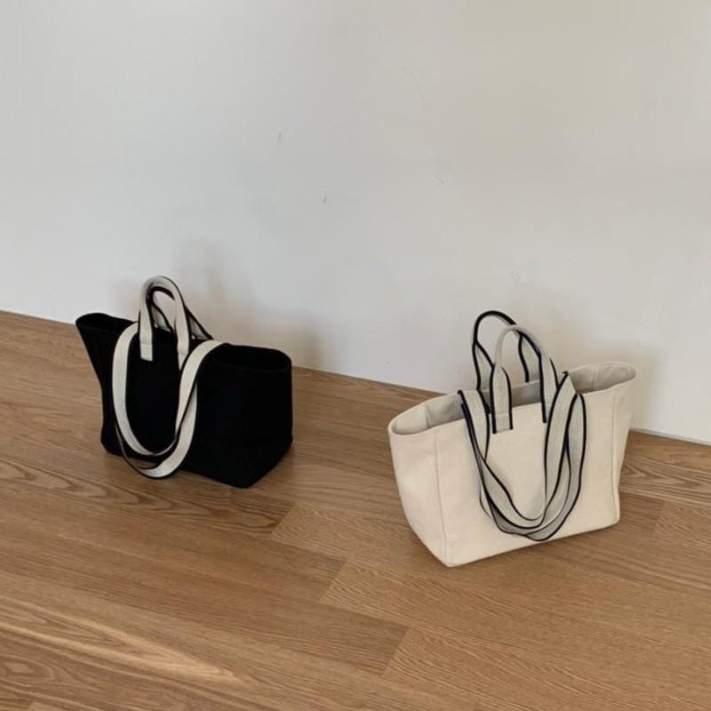 現貨米白+預購2色橫式手提包大方包手提袋撞色帆布提袋側背包2用文青學院風書包OL公事包-細節圖2