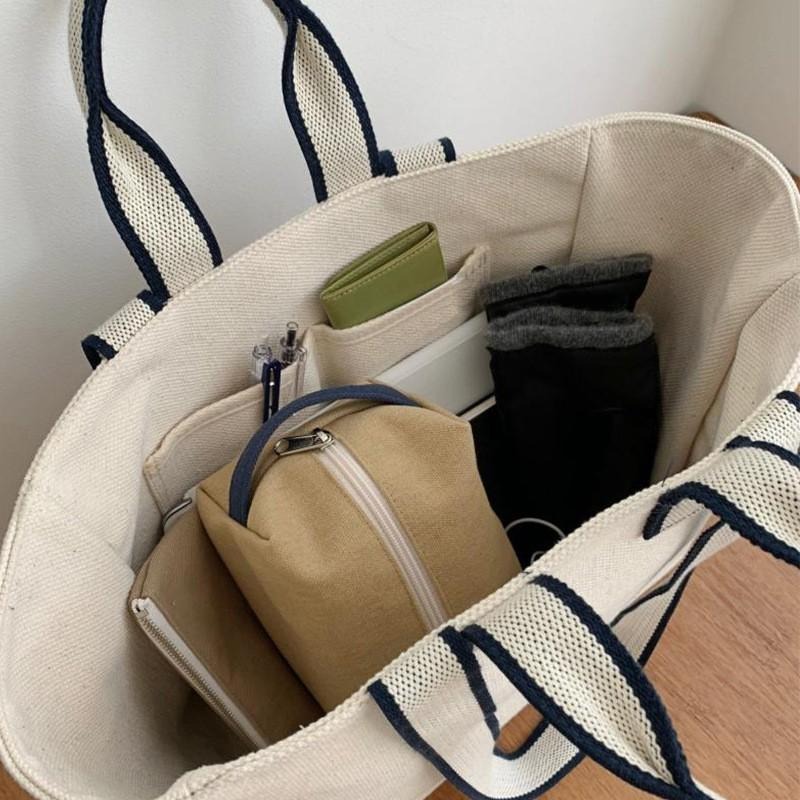現貨米白+預購2色橫式手提包大方包手提袋撞色帆布提袋側背包2用文青學院風書包OL公事包-細節圖4