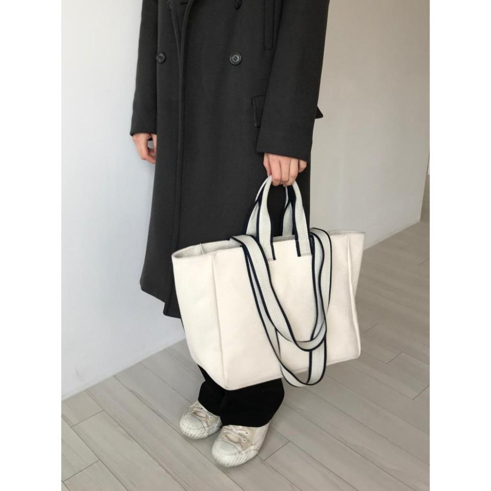 現貨米白+預購2色橫式手提包大方包手提袋撞色帆布提袋側背包2用文青學院風書包OL公事包-細節圖5