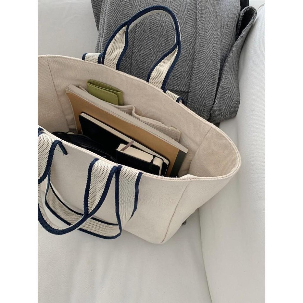 現貨米白+預購2色橫式手提包大方包手提袋撞色帆布提袋側背包2用文青學院風書包OL公事包-細節圖6