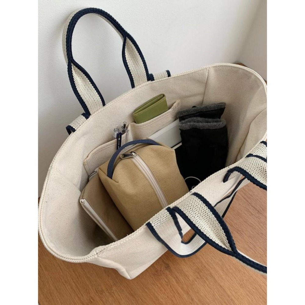 現貨米白+預購2色橫式手提包大方包手提袋撞色帆布提袋側背包2用文青學院風書包OL公事包-細節圖7