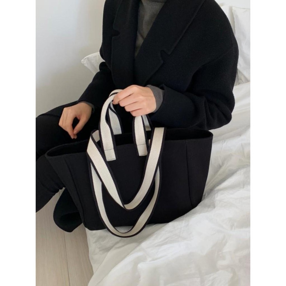 現貨米白+預購2色橫式手提包大方包手提袋撞色帆布提袋側背包2用文青學院風書包OL公事包-細節圖9