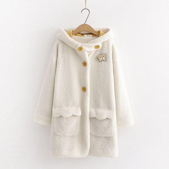 現貨米白1件_C548.31175095_2色可愛小熊貼布大口袋連帽羊羔絨外套長大衣粉嫩學院風少淑女軟妹長版長袖防風立領-細節圖10