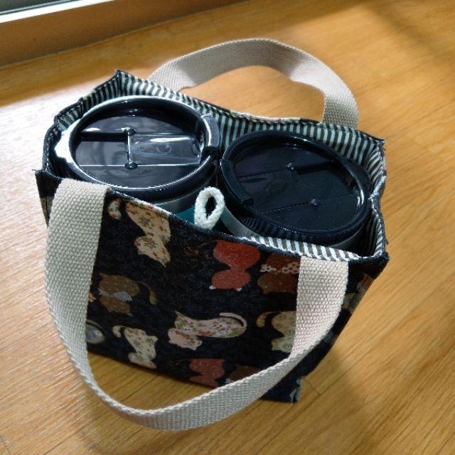 現貨 日式鈕扣式便當袋手提袋雙杯袋手搖飲2杯冰霸杯可愛印花餐具袋OL午餐袋外出燈芯絨購物小包迷你帆布袋小包包-細節圖6