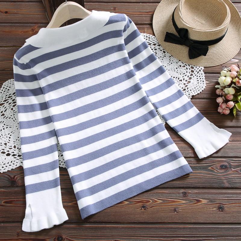 現貨藍1件_E193.71505460．5色甜美學院風繫帶蝴蝶結小清新百搭條紋針織衫毛衣上衣娃娃領荷葉花邊合身短款彈力-細節圖2