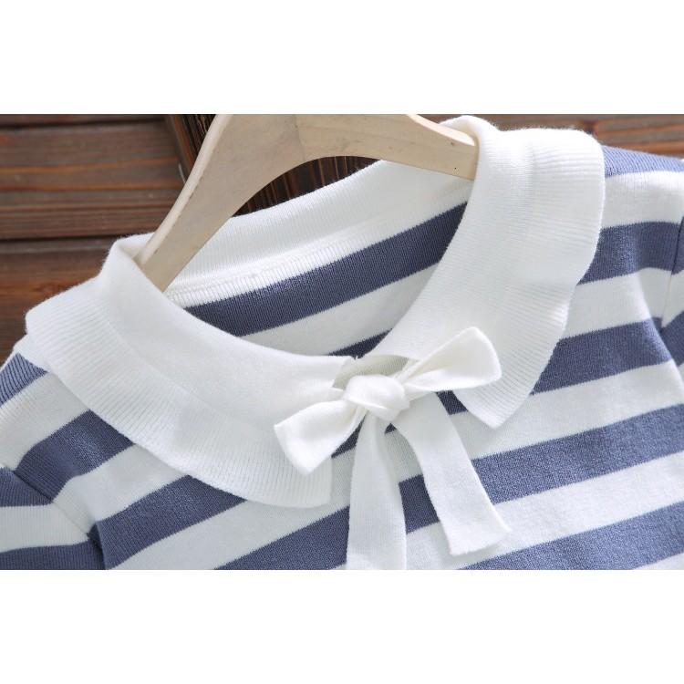 現貨藍1件_E193.71505460．5色甜美學院風繫帶蝴蝶結小清新百搭條紋針織衫毛衣上衣娃娃領荷葉花邊合身短款彈力-細節圖3