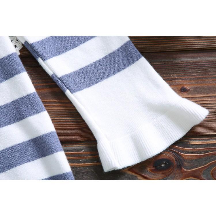 現貨藍1件_E193.71505460．5色甜美學院風繫帶蝴蝶結小清新百搭條紋針織衫毛衣上衣娃娃領荷葉花邊合身短款彈力-細節圖5