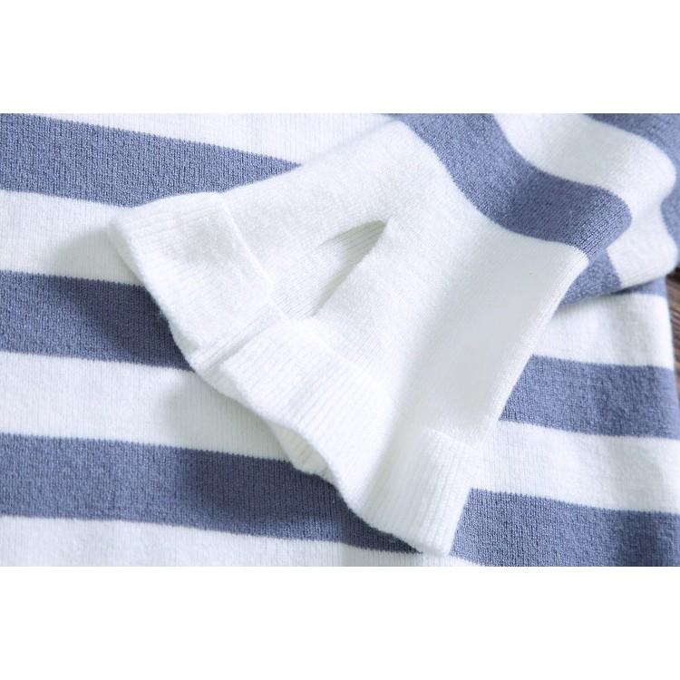 現貨藍1件_E193.71505460．5色甜美學院風繫帶蝴蝶結小清新百搭條紋針織衫毛衣上衣娃娃領荷葉花邊合身短款彈力-細節圖6