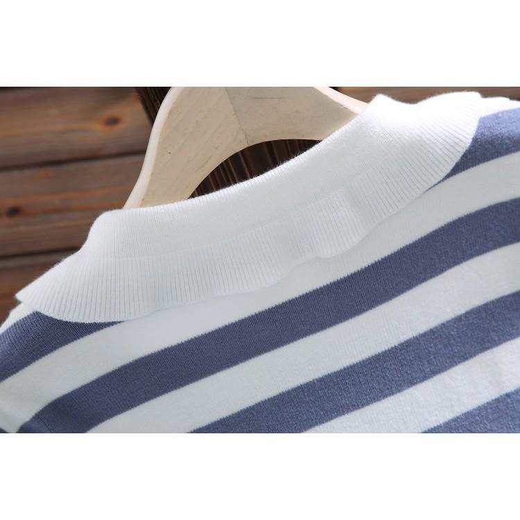 現貨藍1件_E193.71505460．5色甜美學院風繫帶蝴蝶結小清新百搭條紋針織衫毛衣上衣娃娃領荷葉花邊合身短款彈力-細節圖8