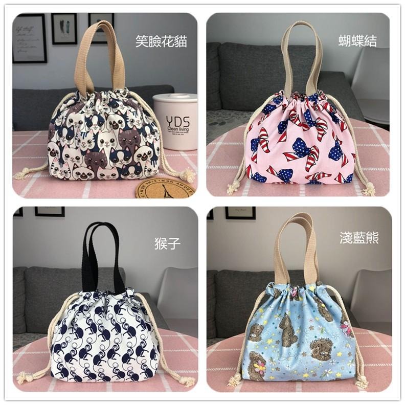 現貨 可愛卡通印花帆布便當袋抽繩繫帶玻璃微波餐盒袋兒童學生小餐袋手提袋圓形長正方形日式飯盒包收納袋環保購物袋-細節圖5