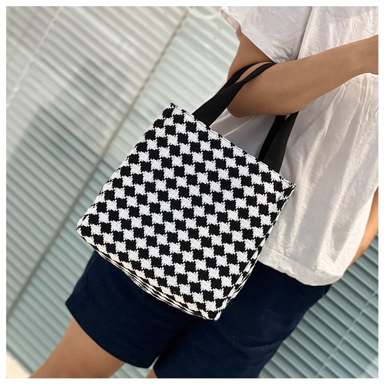 No.280 個性千鳥格紋小兔子加厚黑白撞色手提包購物提袋小方包OL餐袋249149-細節圖3