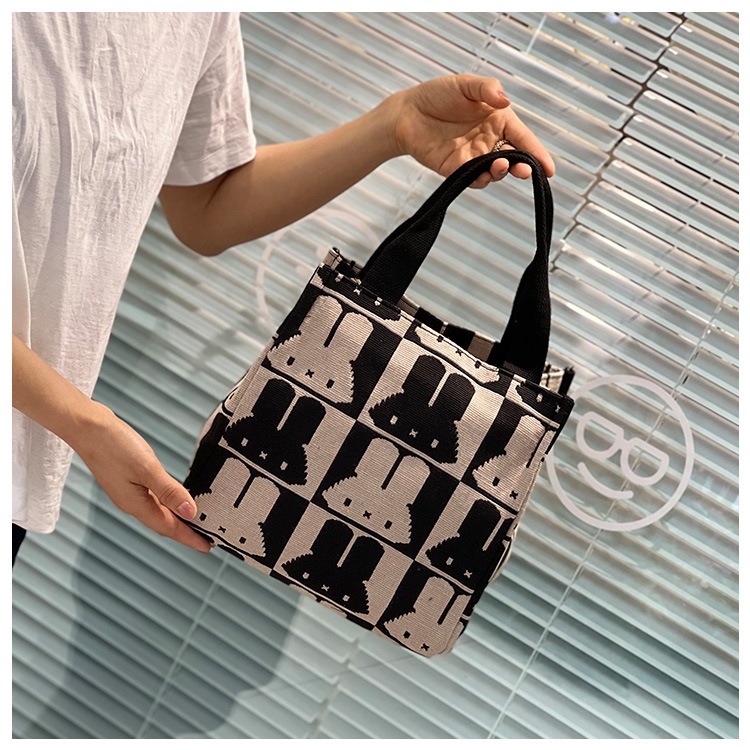 No.280 個性千鳥格紋小兔子加厚黑白撞色手提包購物提袋小方包OL餐袋249149-細節圖4