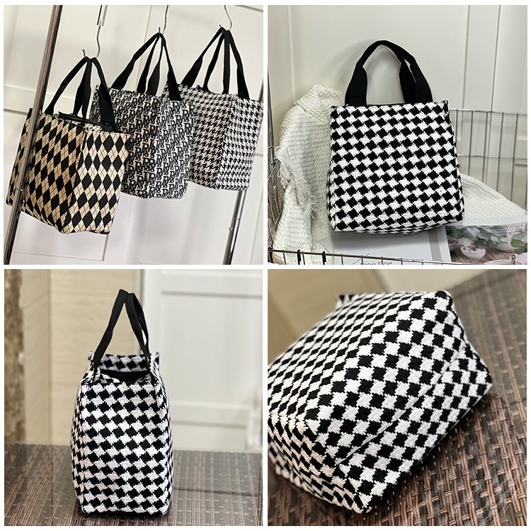 No.280 個性千鳥格紋小兔子加厚黑白撞色手提包購物提袋小方包OL餐袋249149-細節圖6