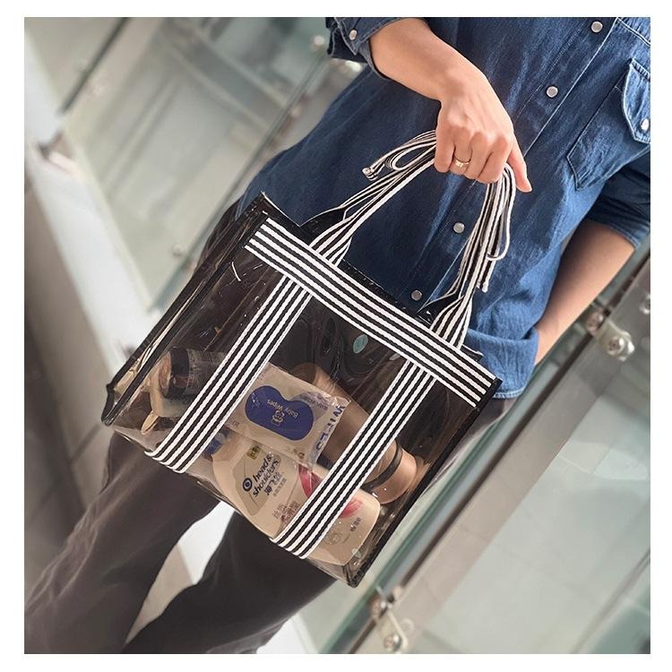 No.945 甜美個性條紋蝴蝶結手提袋加厚PVC透明側背包茶色透視大容量329229-細節圖3