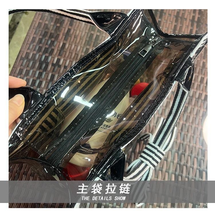 No.945 甜美個性條紋蝴蝶結手提袋加厚PVC透明側背包茶色透視大容量329229-細節圖5