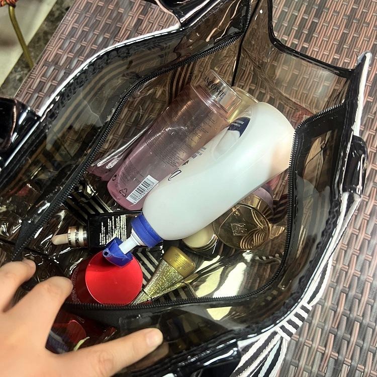 No.945 甜美個性條紋蝴蝶結手提袋加厚PVC透明側背包茶色透視大容量329229-細節圖7