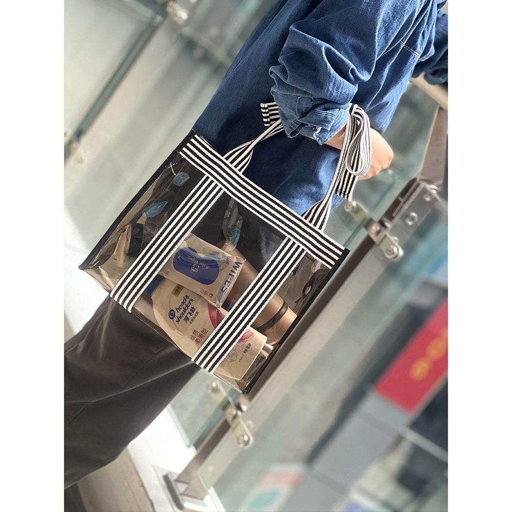 No.945 甜美個性條紋蝴蝶結手提袋加厚PVC透明側背包茶色透視大容量329229-細節圖8