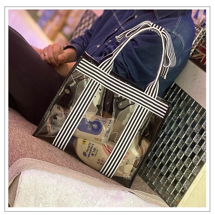 No.945 甜美個性條紋蝴蝶結手提袋加厚PVC透明側背包茶色透視大容量329229-細節圖9