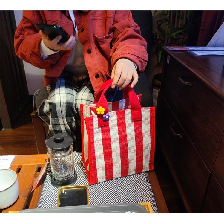 No.270/2 預購2色中號條紋格子手提袋購物袋餐袋便當袋內防水小提袋219139-細節圖5