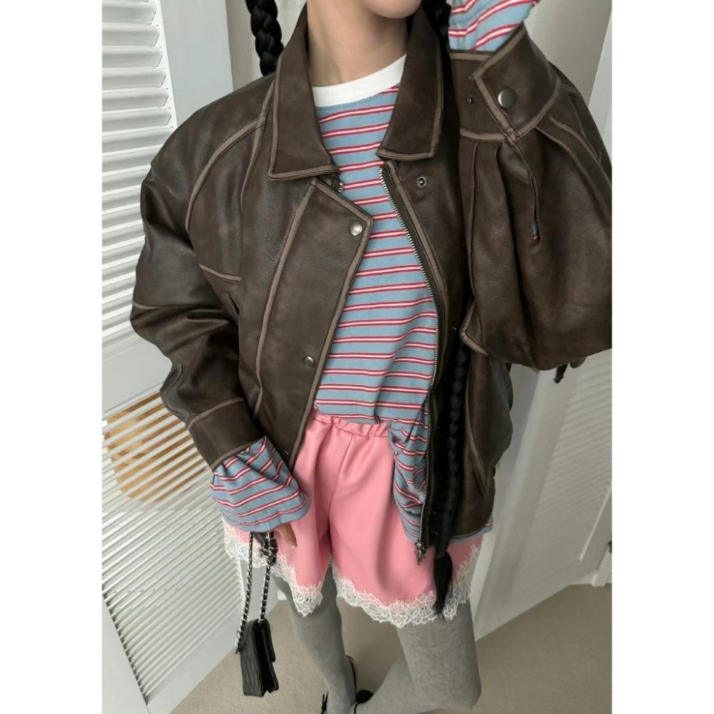 《HSS 韓國代購》正韓 🇰🇷 東大門 後車標復古風滾邊皮革外套-細節圖5