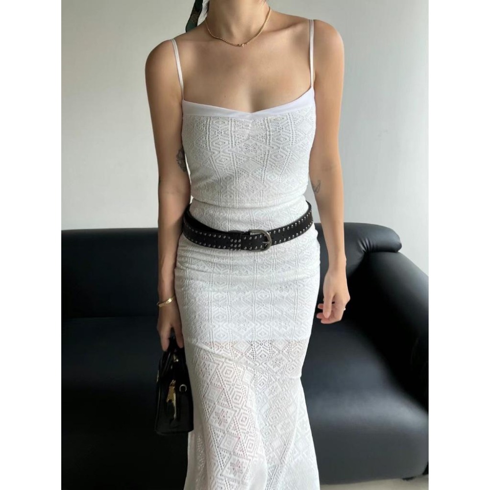 《HSS 韓國代購》正韓 🇰🇷 東大門 細肩針織透感背心/透膚蕾絲彈性魚尾長裙(含內襯）-細節圖3