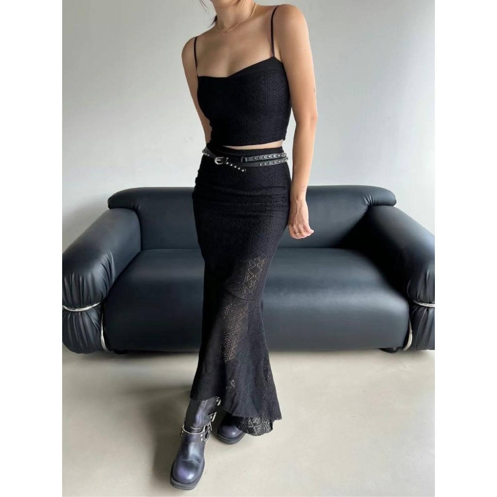 《HSS 韓國代購》正韓 🇰🇷 東大門 細肩針織透感背心/透膚蕾絲彈性魚尾長裙(含內襯）-細節圖6