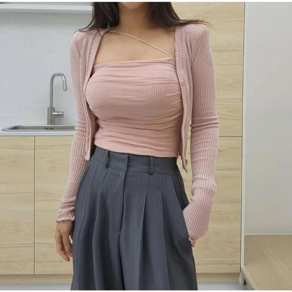 《HSS 韓國代購》正韓 🇰🇷 東大門 皺褶外紗背心+開襟衫SET-細節圖2