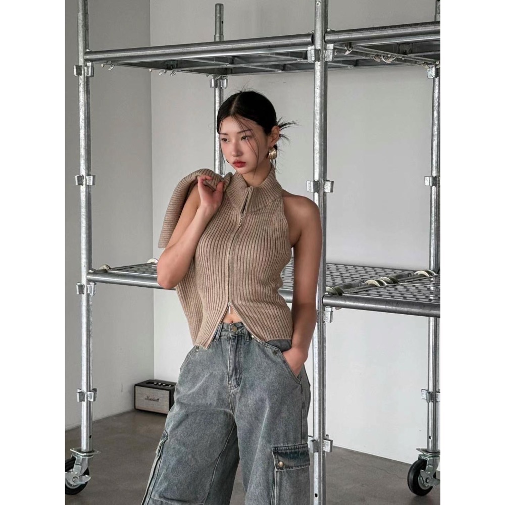 《HSS 韓國代購》正韓 🇰🇷 東大門 露肩立領兩件套SET/古著感復古咖啡吊帶褲-細節圖8