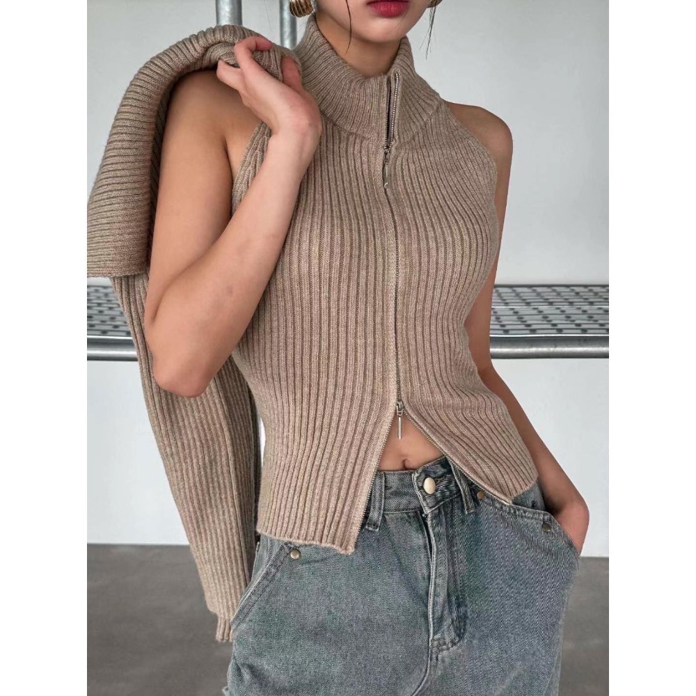 《HSS 韓國代購》正韓 🇰🇷 東大門 露肩立領兩件套SET/古著感復古咖啡吊帶褲-細節圖9