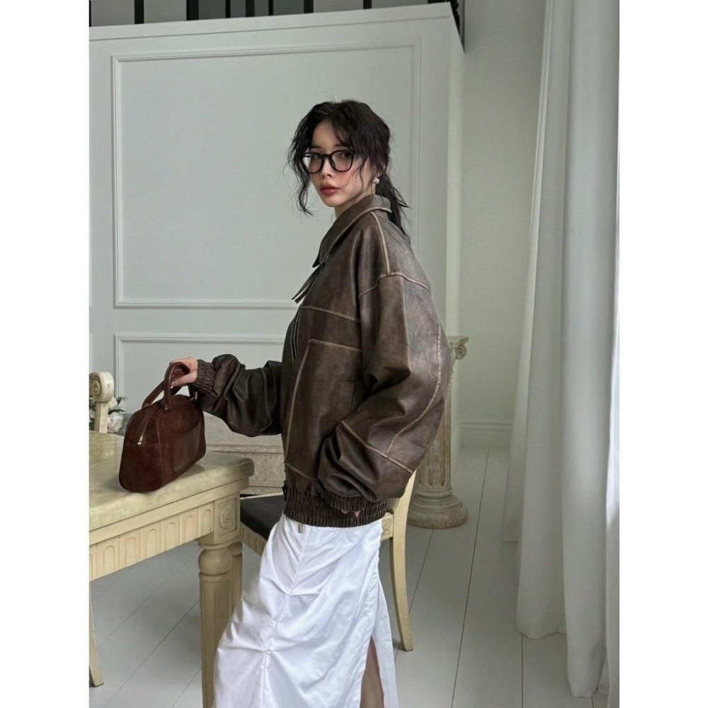 《HSS 韓國代購》正韓 🇰🇷 東大門 老爹復古 古著感 仿舊 機車外套 皮革外套-細節圖6