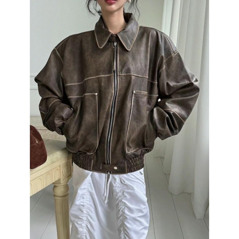 《HSS 韓國代購》正韓 🇰🇷 東大門 老爹復古 古著感 仿舊 機車外套 皮革外套-細節圖7