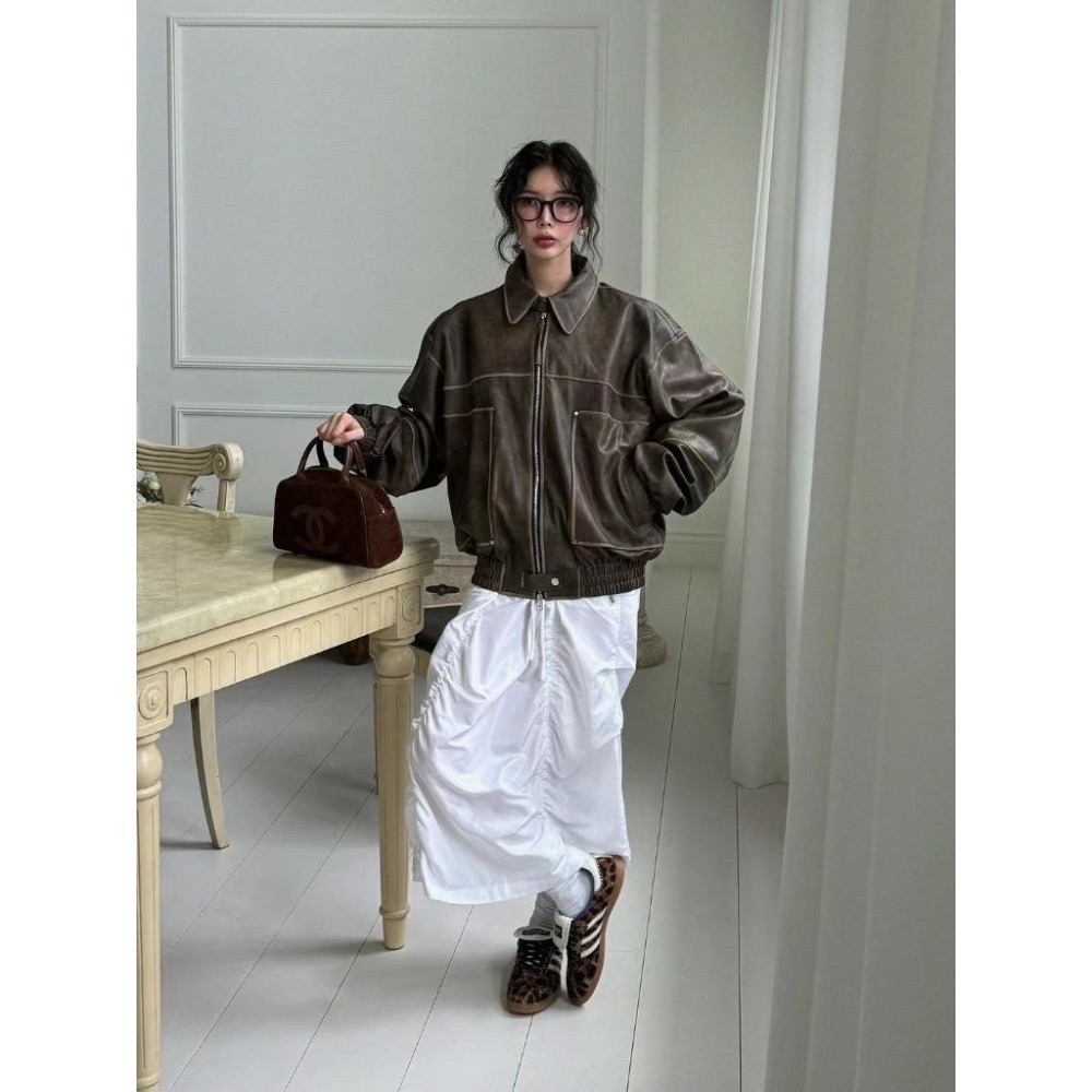 《HSS 韓國代購》正韓 🇰🇷 東大門 老爹復古 古著感 仿舊 機車外套 皮革外套-細節圖8