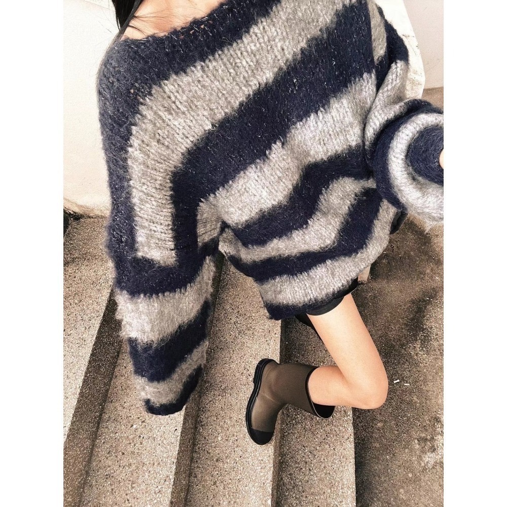 24HR出貨 現貨在台《HSS 韓國代購》正韓 🇰🇷 東大門 拚色條紋寬鬆針織毛衣-細節圖6