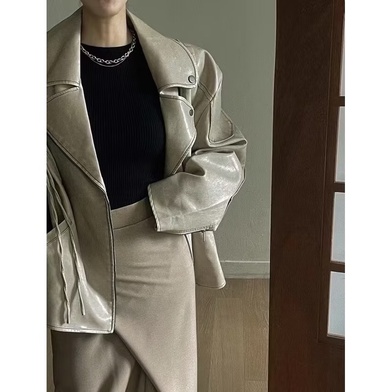 《HSS韓國代購》正韓 🇰🇷 東大門 洗舊古著感翻領皮夾克皮革長袖騎士外套-細節圖2