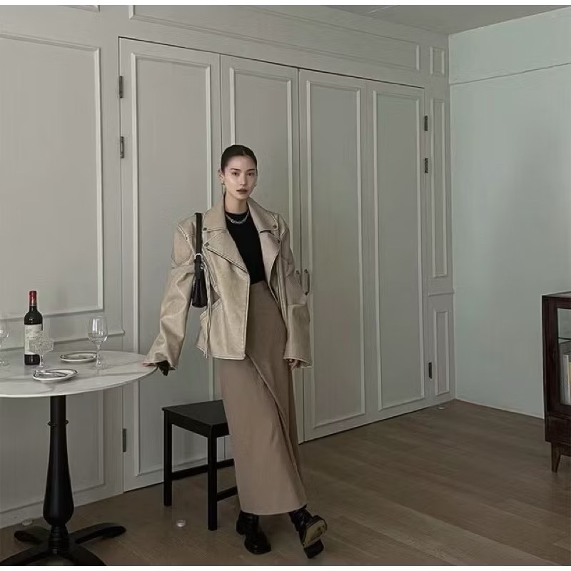 《HSS韓國代購》正韓 🇰🇷 東大門 洗舊古著感翻領皮夾克皮革長袖騎士外套-細節圖3