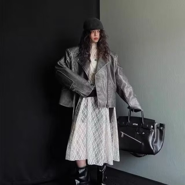 《HSS韓國代購》正韓 🇰🇷 東大門 洗舊古著感翻領皮夾克皮革長袖騎士外套-細節圖4