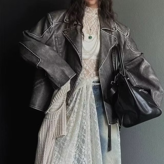 《HSS韓國代購》正韓 🇰🇷 東大門 洗舊古著感翻領皮夾克皮革長袖騎士外套-細節圖5