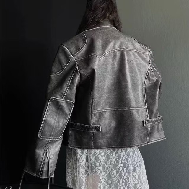 《HSS韓國代購》正韓 🇰🇷 東大門 洗舊古著感翻領皮夾克皮革長袖騎士外套-細節圖6